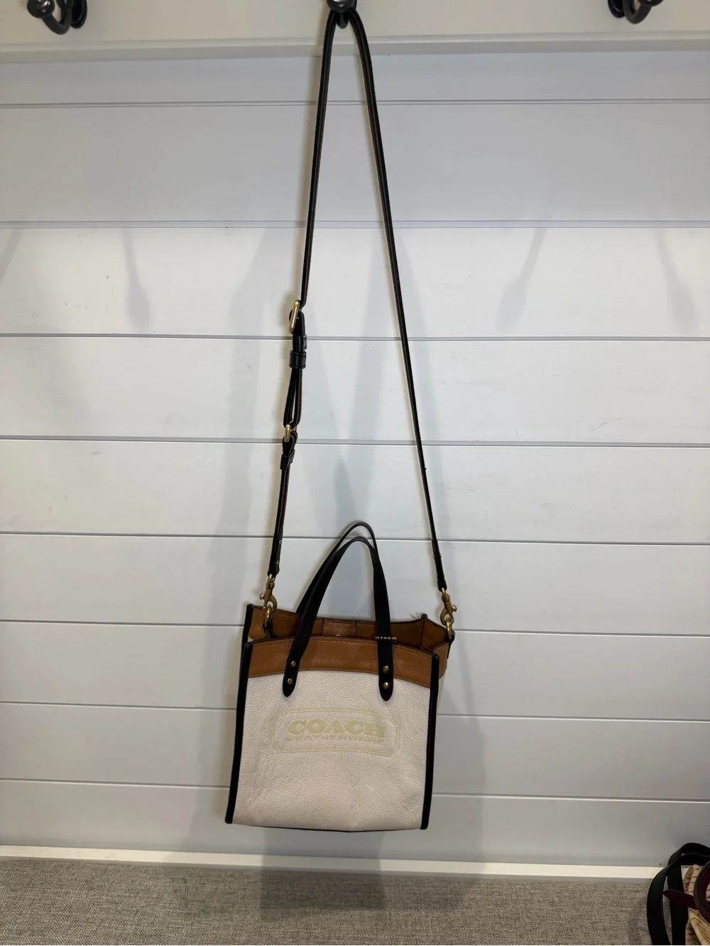Coach Field Tote 22 White, Tan & Black Leather Crossbody Bag with Strap